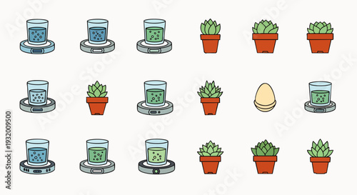 Smart indoor gardening system icons depicting plant growth stages, alongside potted succulents and an egg, symbolizing nature, technology, and life.