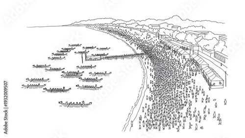 Beachfront dragon boat festival: crowds and racing boats in a detailed line art scene
