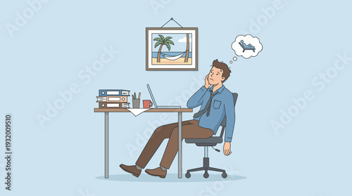 Tired businessman at office desk looking at photograph on wall. Exhausted worker dreaming of relaxing on beach. Burnout employee at workplace with laptop and binders. Flat vector illustration.