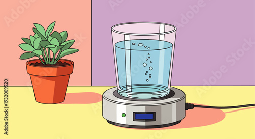 Illustration of water heating in a glass on an electric warmer, showing bubbles, next to a potted plant. Science, physics, and home experiment concept.