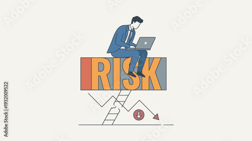 Businessman in Suit Sitting on Large Risk Block Using Laptop, Concept of Career Insecurity, Financial Crisis, Economic Downturn, Risk Management, Job Instability with Broken Ladder and Down Graph