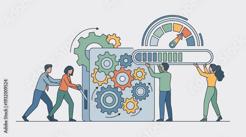 Business team collaborating on a complex gear mechanism with a loading progress bar and performance gauge, representing project management, workflow optimization, efficiency, and productivity.