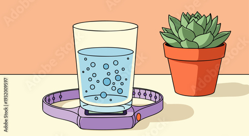Smart coaster monitoring water intake with a glass of bubbly water, promoting daily hydration, health, and wellness in a clean, modern illustration.