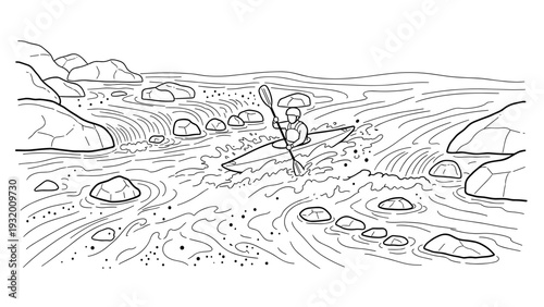 Kayaker navigating rapids in a scenic river landscape line art