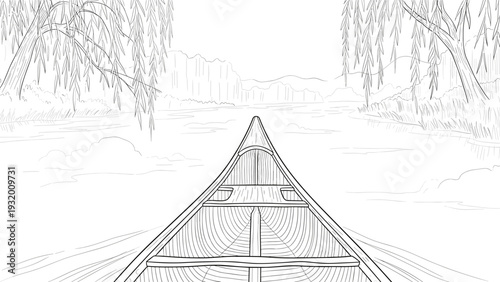 Canoe adventure on serene river with willow trees in linear style