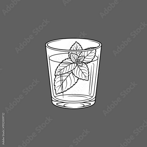 Glass with mint leaves and water in simple line art style  
