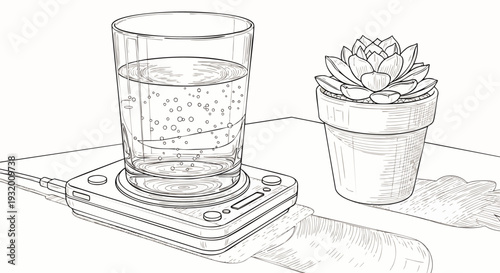 Minimalist line art sketch of a glass of sparkling water on a smart coaster next to a potted succulent plant, depicting modern healthy lifestyle and home decor.