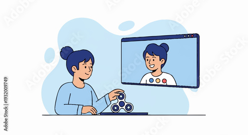 Young girl playing with fidget spinner during online video call.