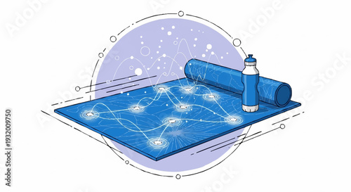 Yoga Mat with Network Connections and Water Bottle.