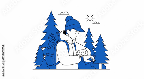 Young hiker checking smartwatch in forest during daytime.