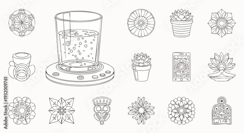 Line art collection: water ionizer, intricate mandalas, potted succulents, and spiritual symbols for wellness, mindfulness, and healthy lifestyle.