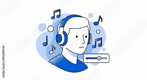 Young Man Listening to Music with Headphones and Musical Notes.