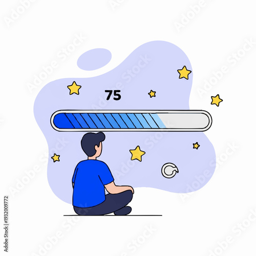 Young man patiently waiting for download progress bar to complete.