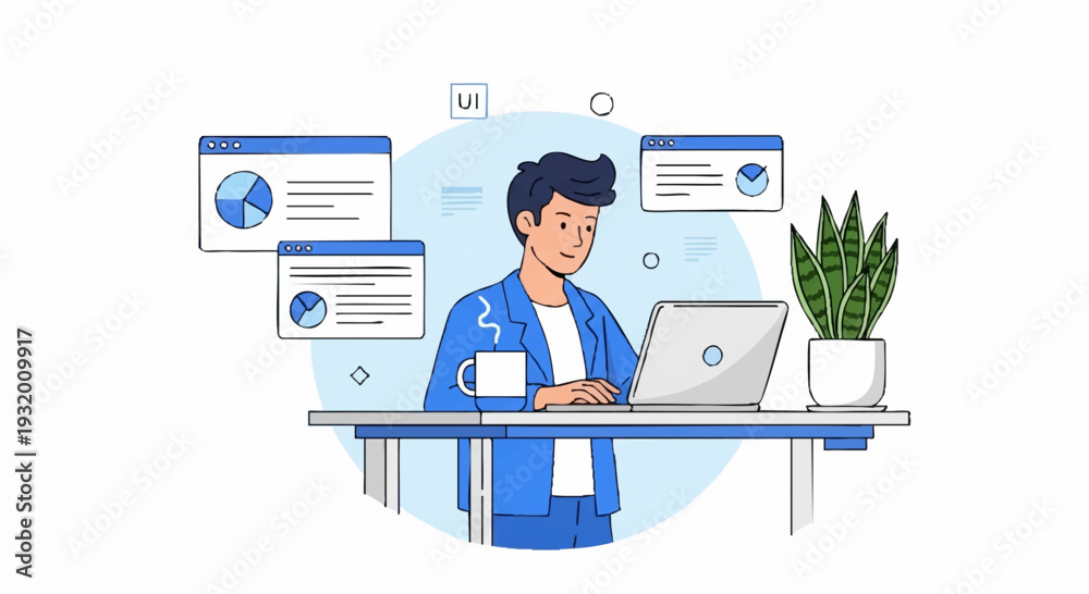 Fototapeta premium Young man working diligently on his laptop at a desk with charts.