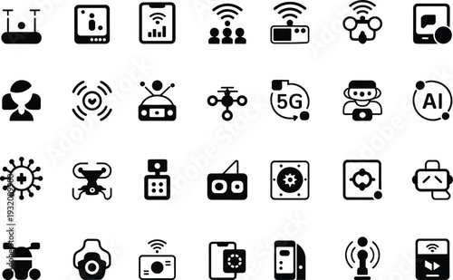 Smart device technology icon set IoT AI drone connectivity gadget collection modern digital interface vector pack
