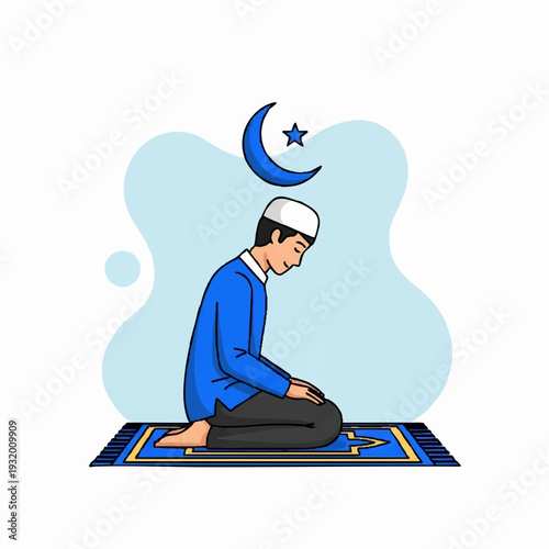Young Muslim man praying on a rug with crescent moon symbol.