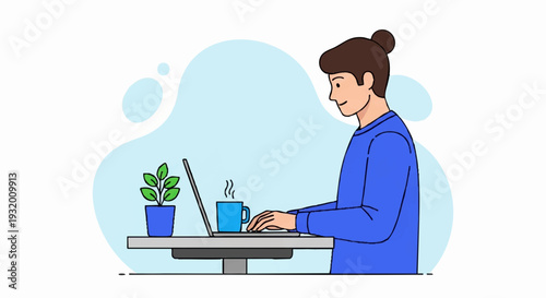 Young man working on laptop with coffee and plant.