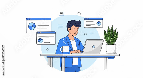 Young man working diligently on his laptop at a desk with charts.