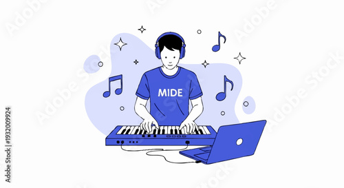 Young person playing a MIDI keyboard connected to a laptop.