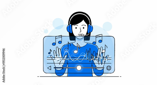 Young woman wearing headphones interacting with digital music interface.