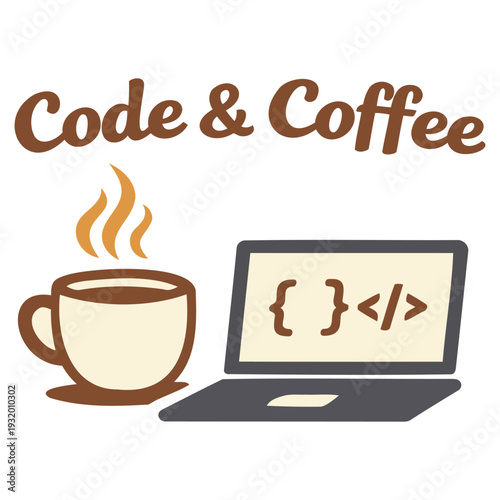 Illustration of a hot coffee cup and laptop with code symbols representing programming and coding lifestyle