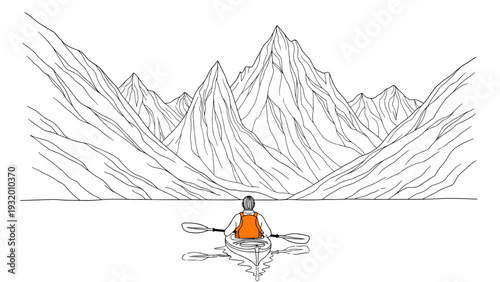 Minimalist line art of kayaker in mountainous landscape