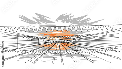 Linear sketched swimming pool with lanes and colorful sky reflection