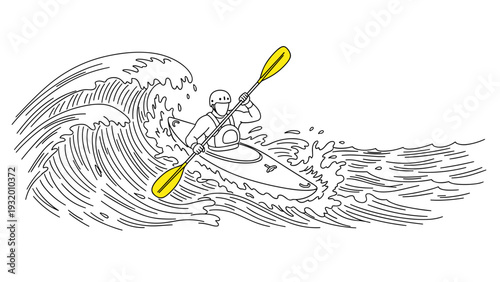 Kayaker navigating rough waters in dynamic line art style