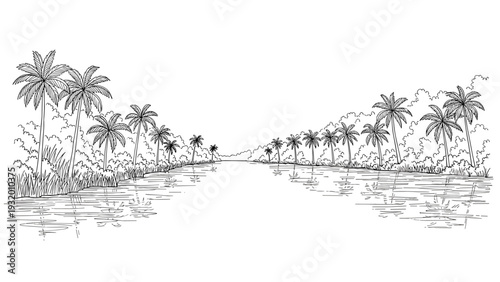 Tropical river with lush palm trees and reflections in minimalist black and white sketch