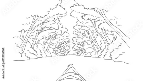 Linear forest canoe adventure scene with trees and river