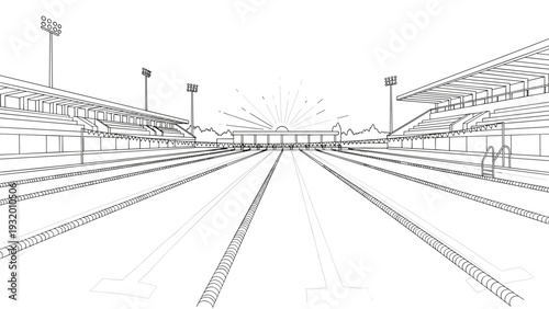 Linear drawing of an outdoor swimming pool with stands and lanes under sunlit sky