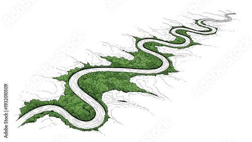 Winding road through verdant forest in serpentine pattern on white background