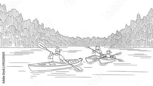 Peaceful canoe adventure on tranquil lake with dense forest background in linear style