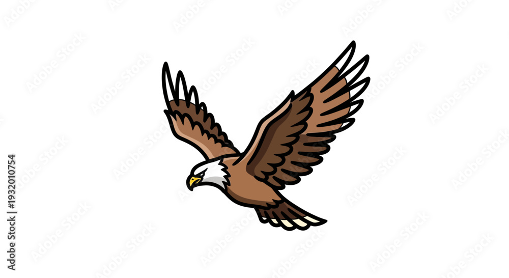 Fototapeta premium A stylized brown eagle with black outlines and white head soars against a white backdrop