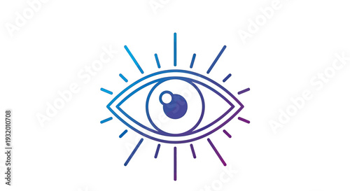 A vector illustration of a stylized eye with rays emanating, in blue to purple gradient on white