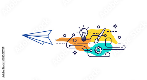 A blue paper airplane flying toward a network of design elements against a white background