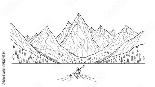 Adventurous kayaking journey amidst majestic mountain peaks and serene forest landscape