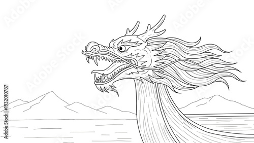 Mythical dragon outline with flowing mane in mountainous landscape