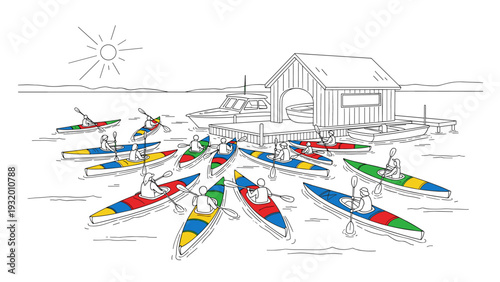 Colorful kayaking adventure at boathouse: minimalist line art