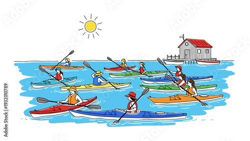 Colorful kayaking adventure with people paddling in summer