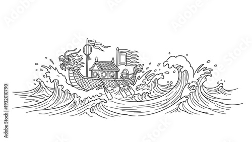 Intricate line art of a dragon boat navigating dynamic ocean waves