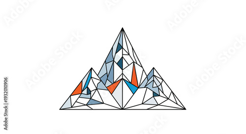 Geometric illustration of mountain range in blue, orange, and white. Black outlines