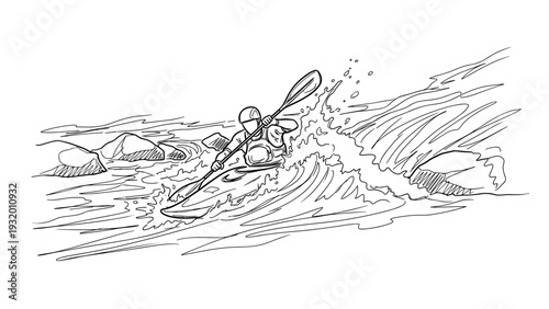 Dynamic sketch of kayaker navigating rapids with precision and skill