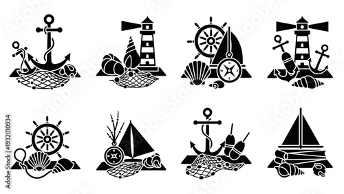 Nautical silhouettes collection with anchors, lighthouses, sailboats, and seashells