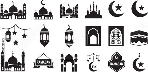 islamic ramadan mosque icon set vector illustration