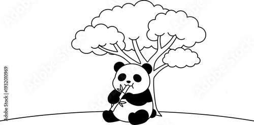 Cute panda eating bamboo under cherry blossom tree