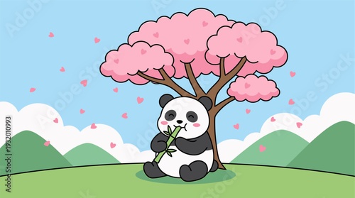 Cute panda eating bamboo under cherry blossom tree