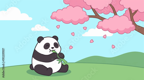 Cute panda eating bamboo under cherry blossom tree