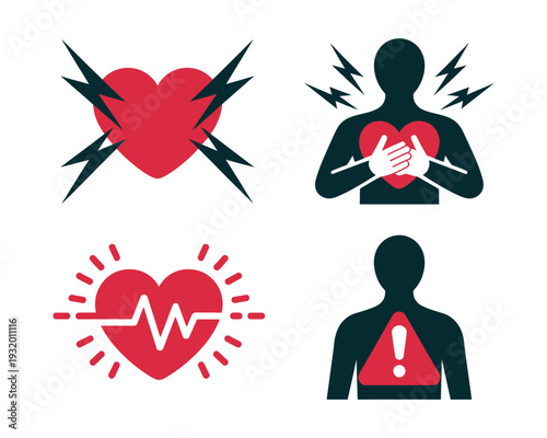 A graphic illustration of heart health symbols and a person experiencing chest pain