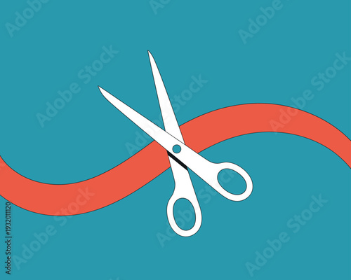 A pair of scissors cutting through a red ribbon on a teal background